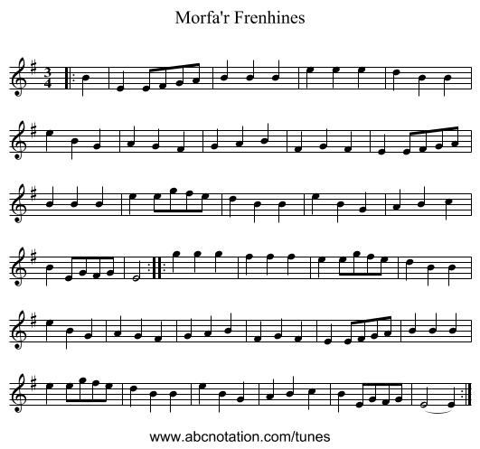 Morfa'r Frenhines - staff notation