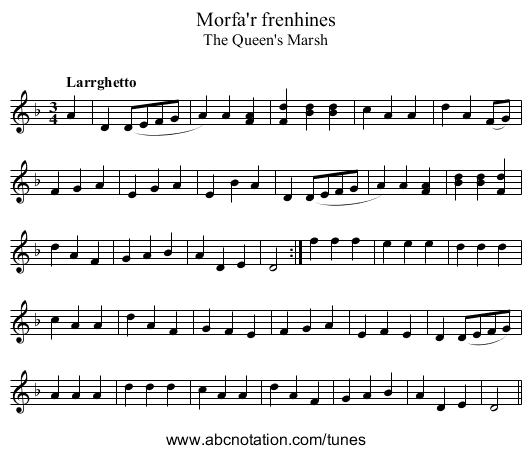 Morfa'r frenhines - staff notation