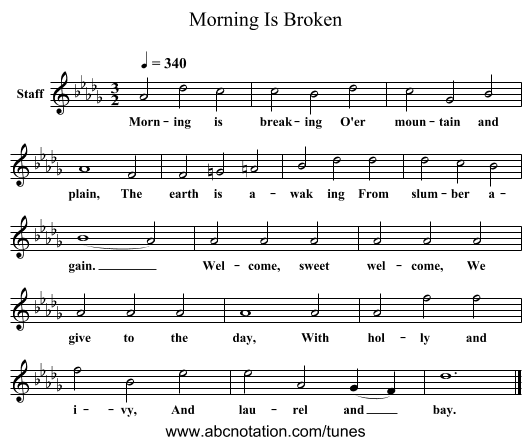Morning Is Broken - staff notation