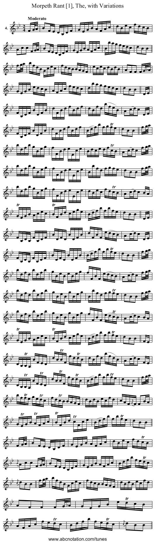 Morpeth Rant [1], The, with Variations - staff notation