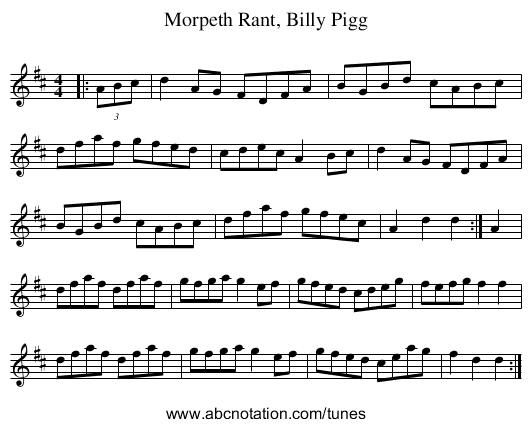Morpeth Rant, Billy Pigg - staff notation