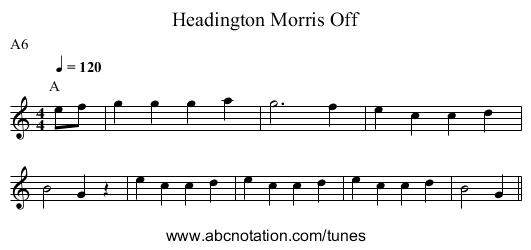 Morris Off, Headington - staff notation