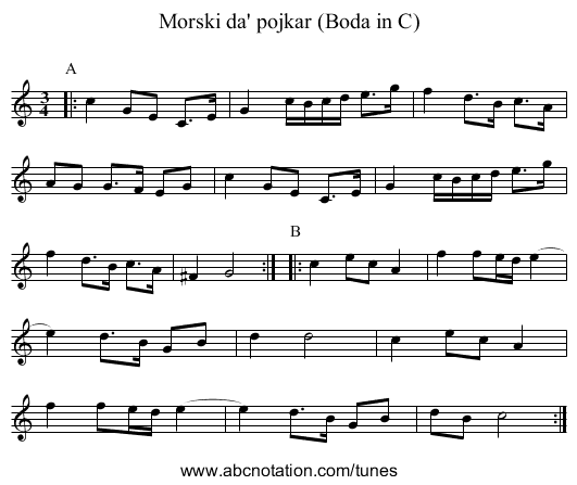 Morski da' pojkar (Boda in C) - staff notation