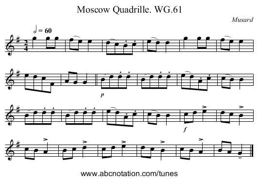 Moscow Quadrille. WG.61 - staff notation
