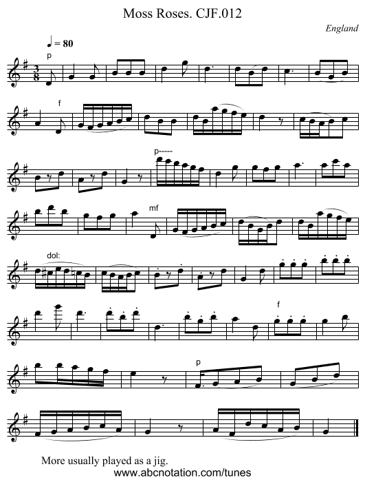 Moss Roses. CJF.012 - staff notation