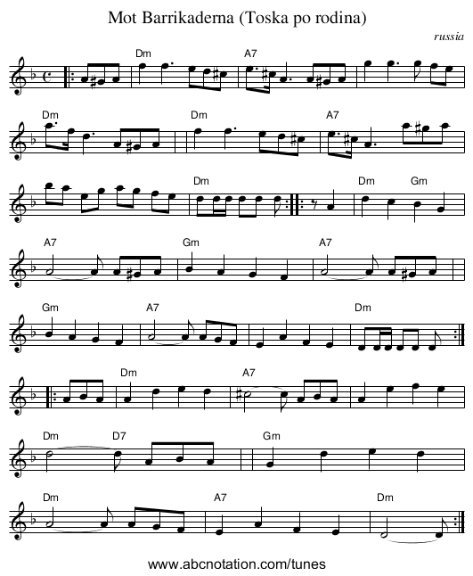 Mot Barrikaderna (Toska po rodina) - staff notation