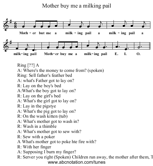 Mother buy me a milking pail - staff notation