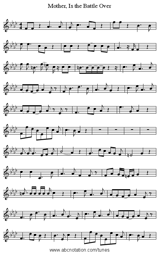 Mother, Is the Battle Over - staff notation