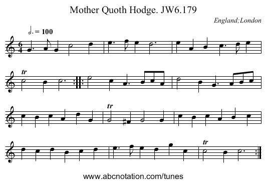 Mother Quoth Hodge. JW6.179 - staff notation