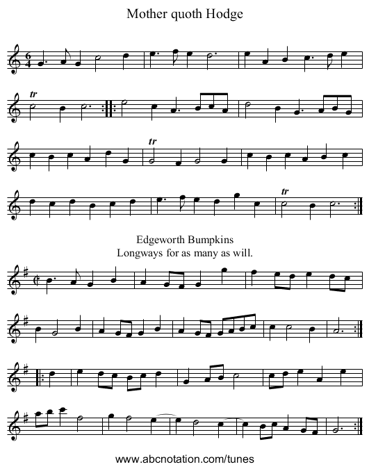 Mother quoth Hodge - staff notation