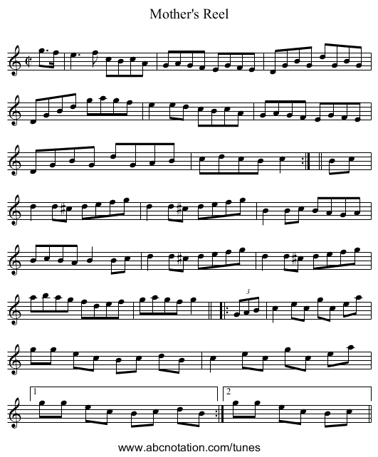 Mother's Reel - staff notation