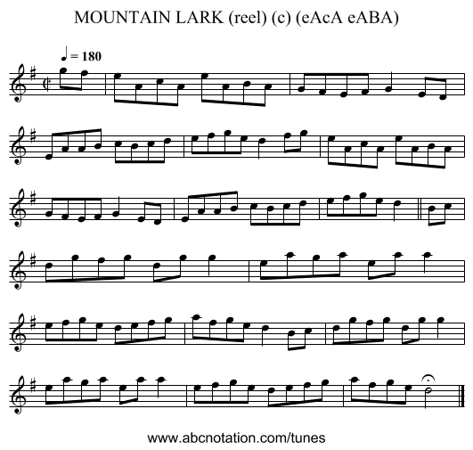 MOUNTAIN LARK (reel) (c) (eAcA eABA) - staff notation