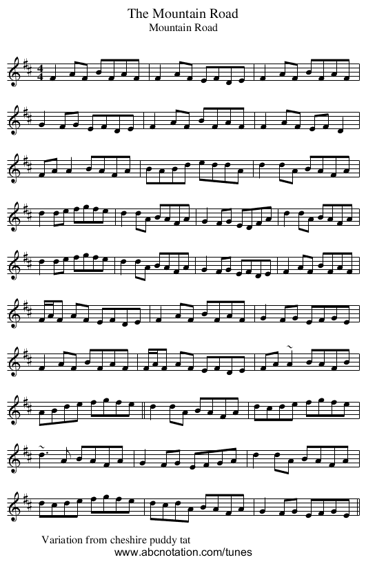 Mountain Road, The - staff notation