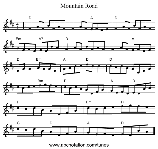 Mountain Road - staff notation