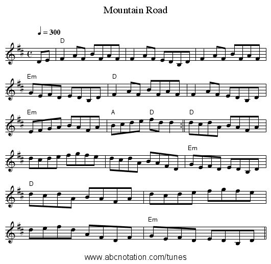 Mountain Road - staff notation