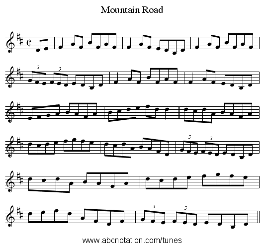 Mountain Road - staff notation