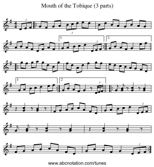 Mouth of the Tobique (3 parts) - staff notation