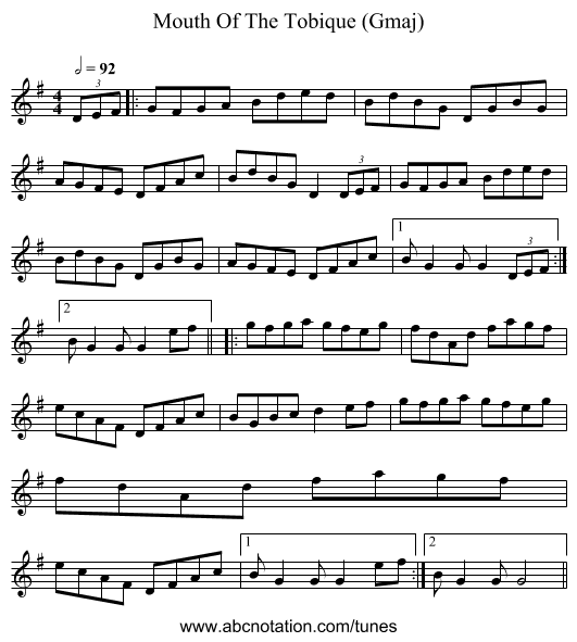 Mouth Of The Tobique (Gmaj) - staff notation