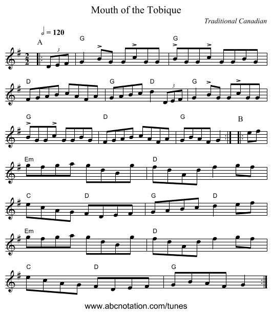 Mouth of the Tobique - staff notation
