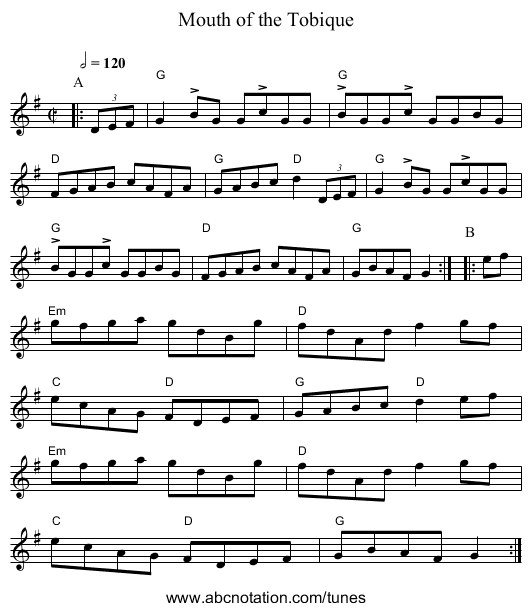 Mouth of the Tobique - staff notation