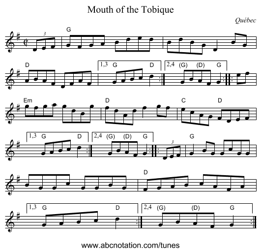 Mouth of the Tobique - staff notation