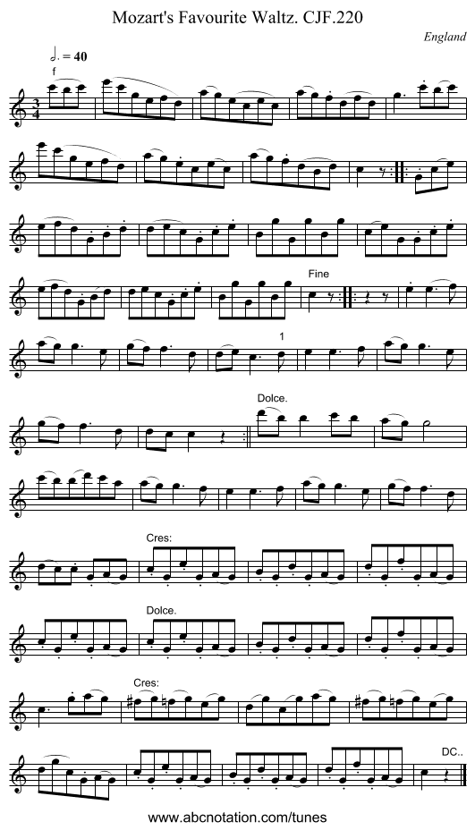 Mozart's Favourite Waltz. CJF.220 - staff notation
