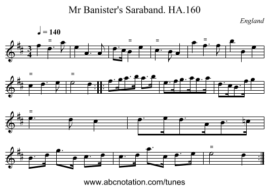 Mr Banister's Saraband. HA.160 - staff notation