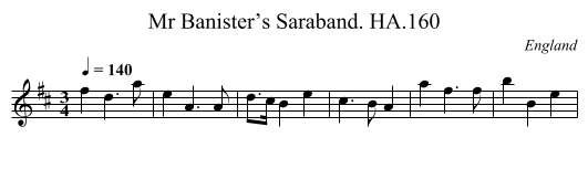 Mr Banister’s Saraband. HA.160 - staff notation