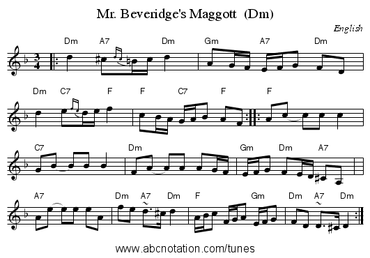 Mr. Beveridge's Maggott  (Dm) - staff notation