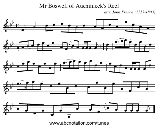 Mr Boswell of Auchinleck's Reel - staff notation