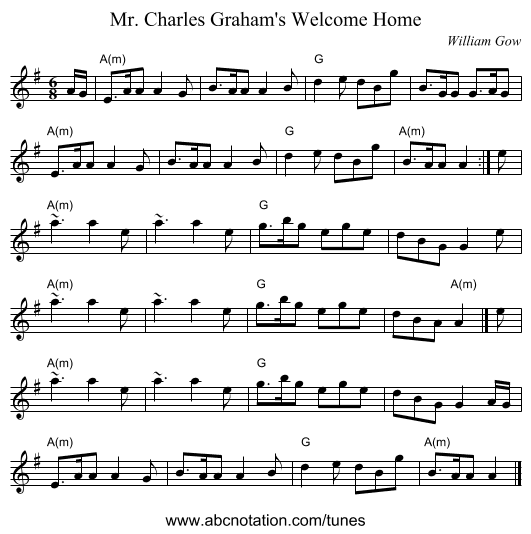 Mr. Charles Graham's Welcome Home - staff notation