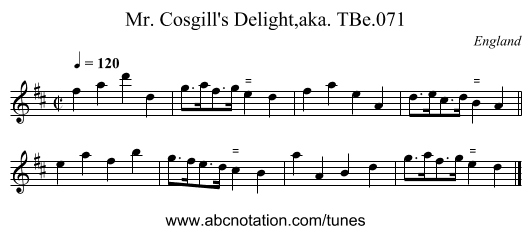 Mr. Cosgill's Delight,aka. TBe.071 - staff notation
