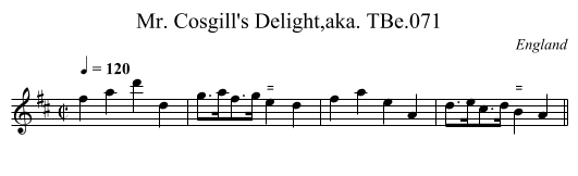 Mr. Cosgill's Delight,aka. TBe.071 - staff notation