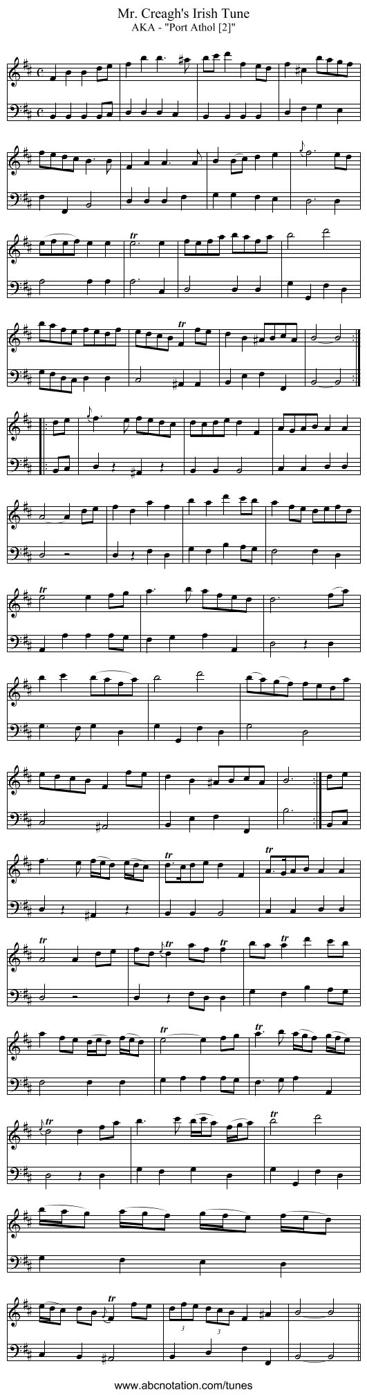 Mr. Creagh's Irish Tune - staff notation
