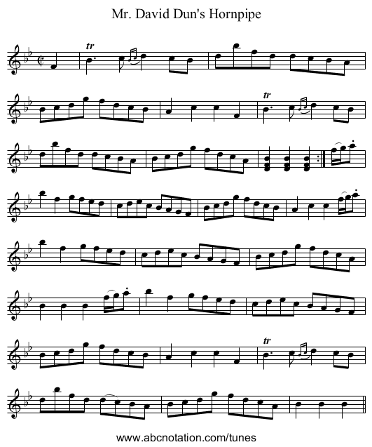 Mr. David Dun's Hornpipe - staff notation