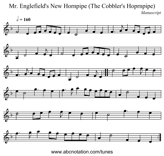 Mr. Englefield's New Hornpipe (The Cobbler's Hoprnpipe) - staff notation