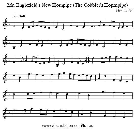 Mr. Englefield's New Hornpipe (The Cobbler's Hoprnpipe) - staff notation