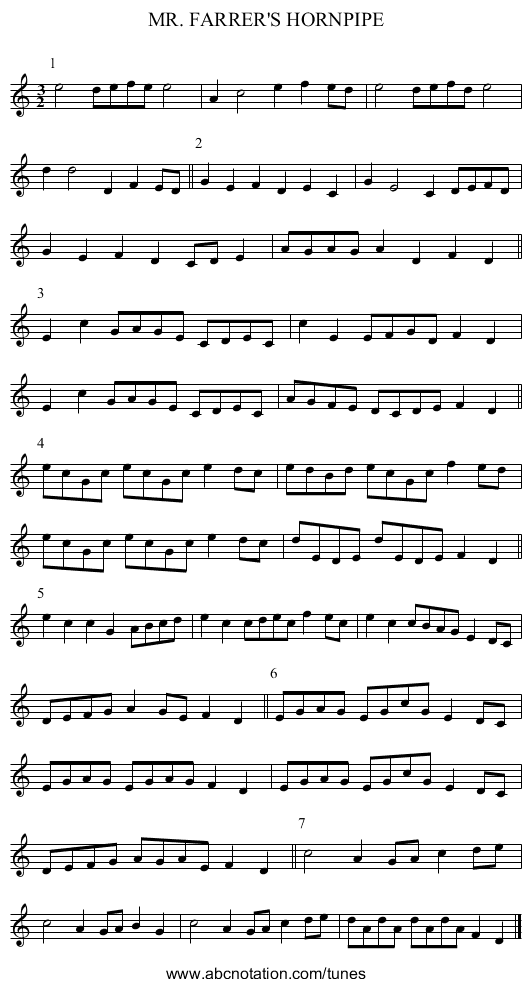MR. FARRER'S HORNPIPE - staff notation