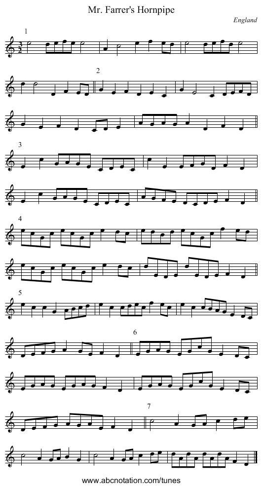 Mr. Farrer's Hornpipe - staff notation