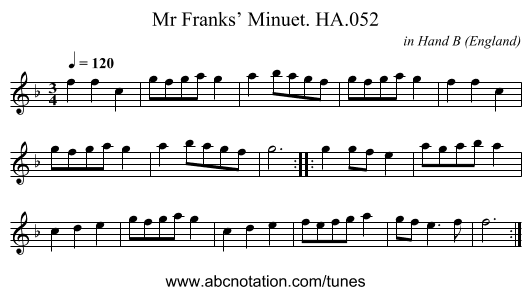 Mr Franks’ Minuet. HA.052 - staff notation