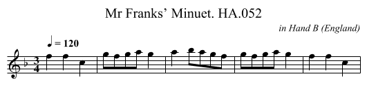 Mr Franks’ Minuet. HA.052 - staff notation