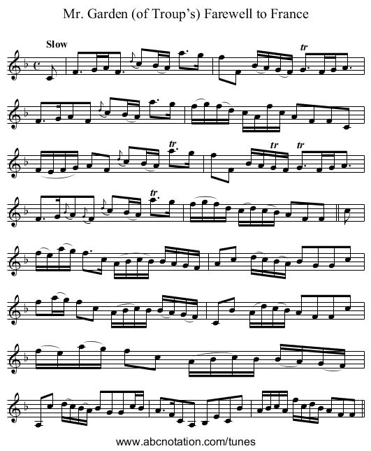 Mr. Garden (of Troup’s) Farewell to France - staff notation