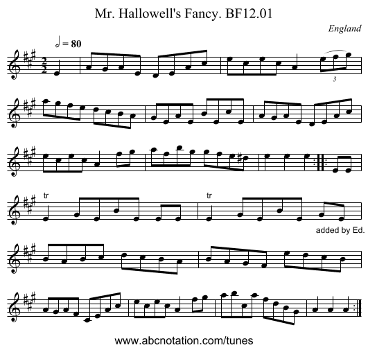 Mr. Hallowell's Fancy. BF12.01 - staff notation