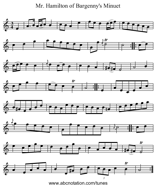 Mr. Hamilton of Bargenny's Minuet - staff notation