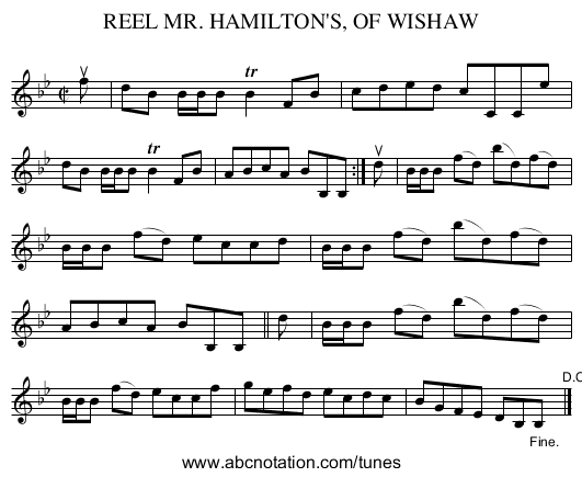 MR. HAMILTON'S, OF WISHAW, REEL - staff notation