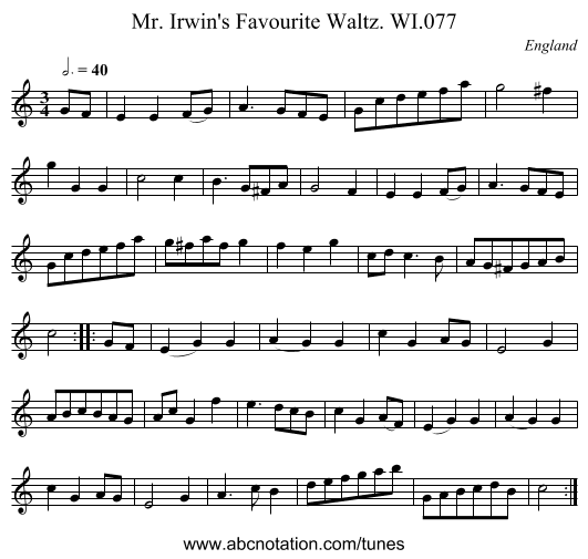 Mr. Irwin's Favourite Waltz. WI.077 - staff notation