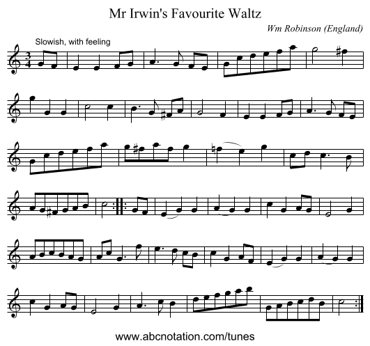 Mr Irwin's Favourite Waltz - staff notation