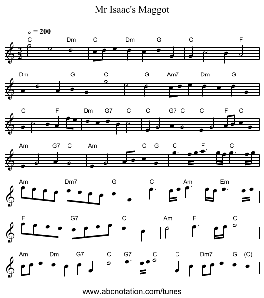 Mr Isaac's Maggot - staff notation