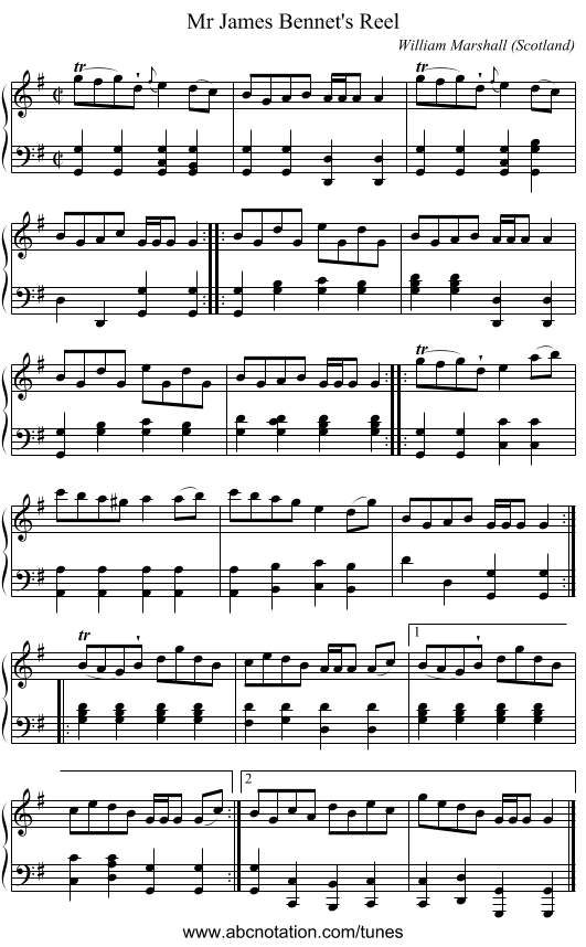 Mr James Bennet's Reel - staff notation