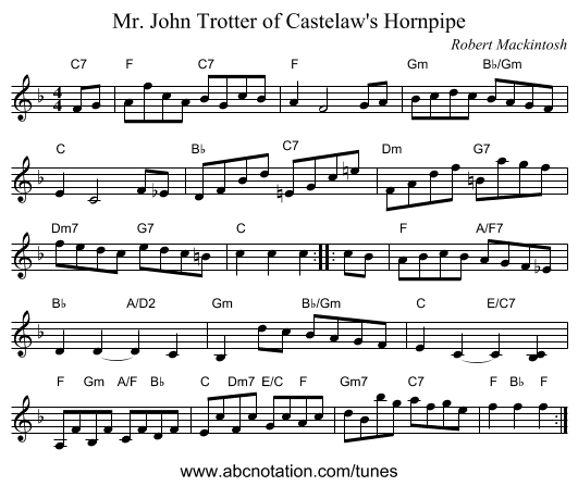 Mr. John Trotter of Castelaw's Hornpipe - staff notation